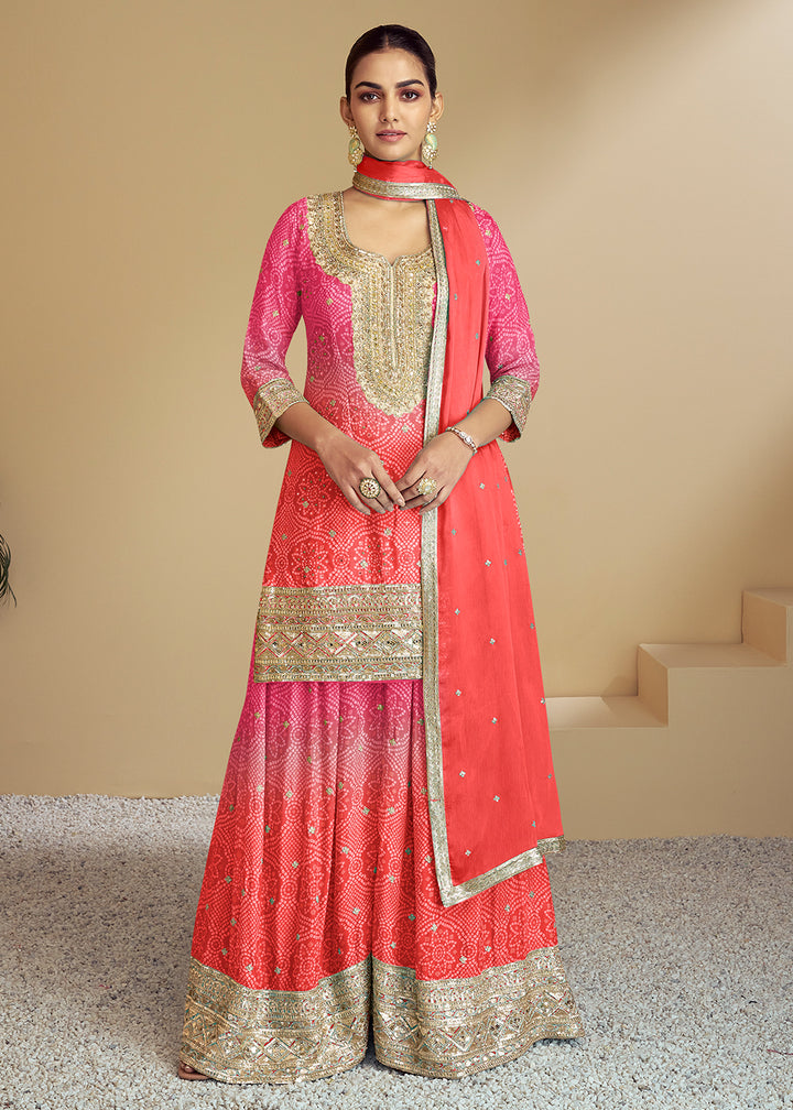 Buy Now Pink & Orange Ombre Kurti Style Palazzo Style Suit Online in USA, UK, Canada, Germany, Australia, France, Italy, UAE & Worldwide at Empress Clothing.