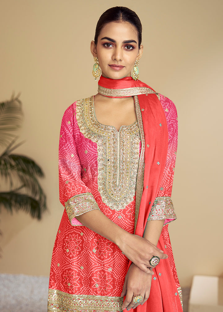Buy Now Pink & Orange Ombre Kurti Style Palazzo Style Suit Online in USA, UK, Canada, Germany, Australia, France, Italy, UAE & Worldwide at Empress Clothing.