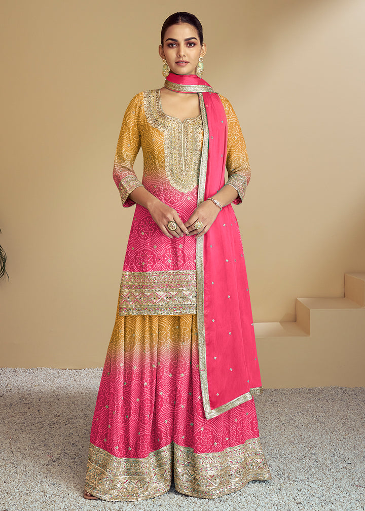 Buy Now Pink & Yellow Ombre Kurti Style Palazzo Style Suit Online in USA, UK, Canada, Germany, Australia, France, Italy, UAE & Worldwide at Empress Clothing.