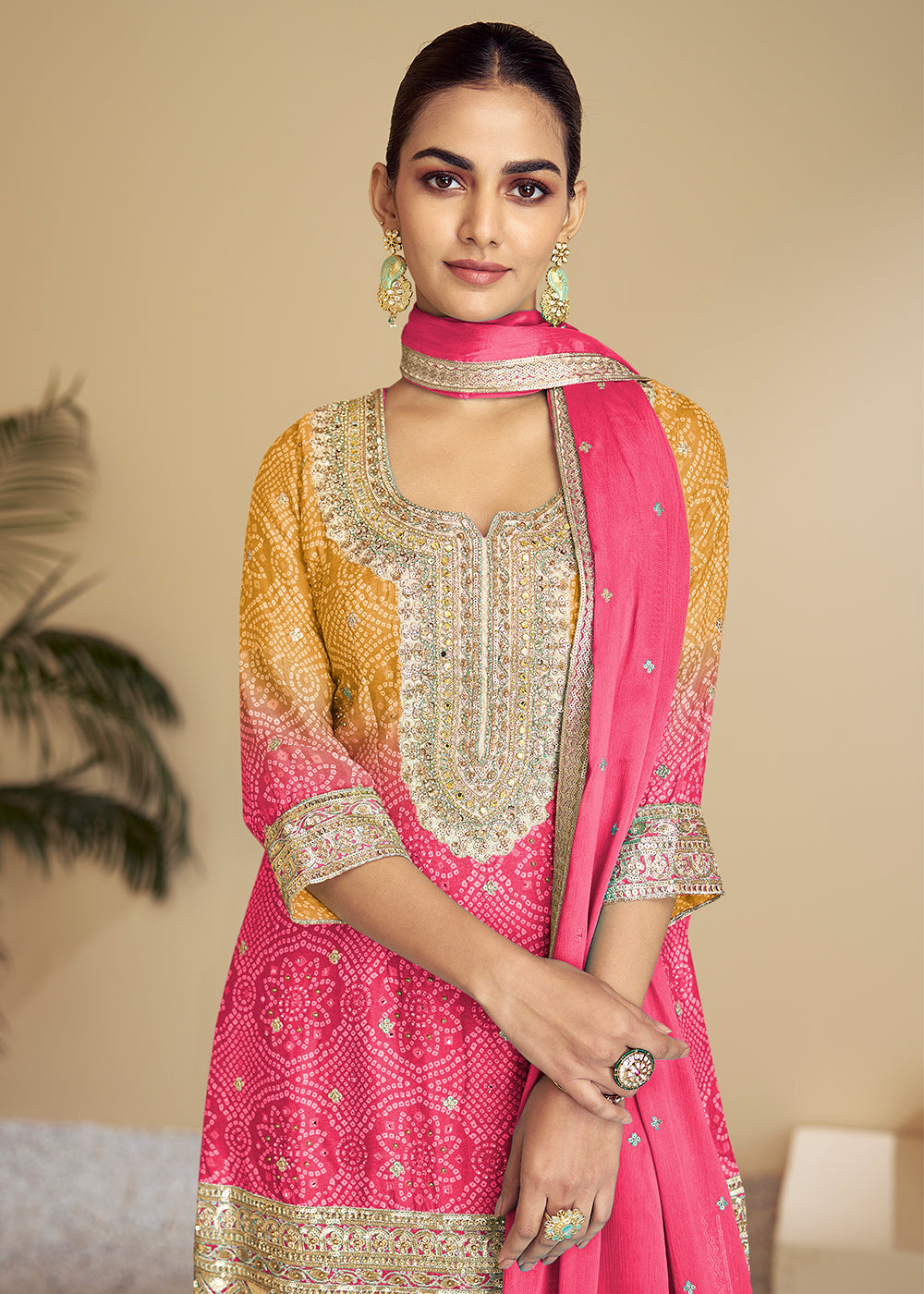 Buy Now Pink & Yellow Ombre Kurti Style Palazzo Style Suit Online in USA, UK, Canada, Germany, Australia, France, Italy, UAE & Worldwide at Empress Clothing.