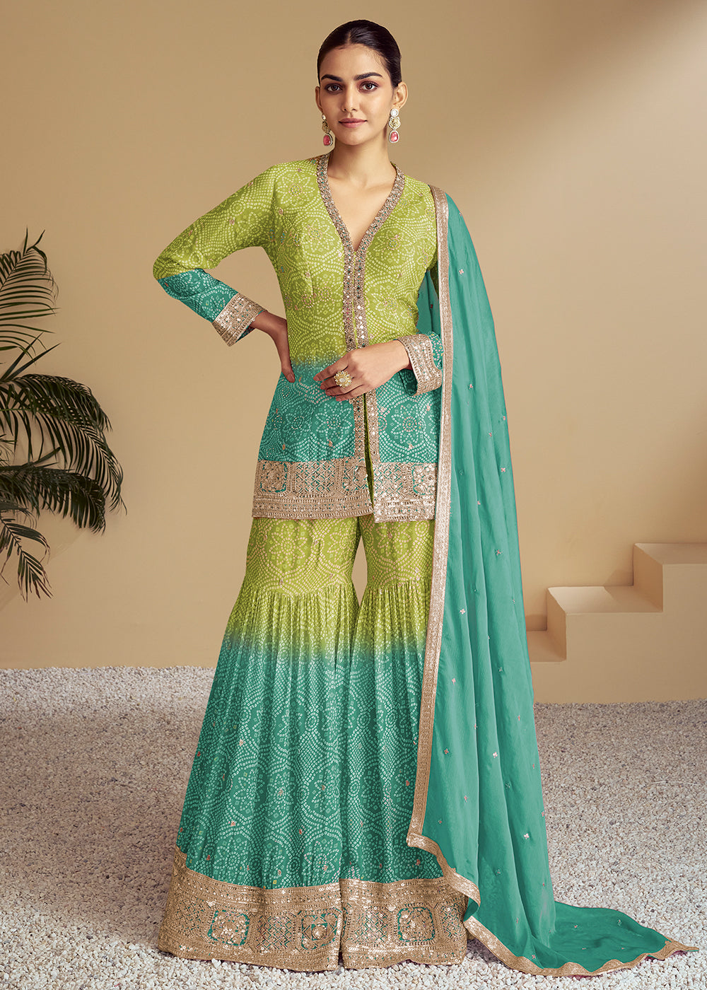 Shop Now Teal & Green Ombre Kurti Style Gharara Style Suit Online at Empress Clothing in USA, UK, Canada, Germany, Australia, Sweden, Denmark, UAE & Worldwide.