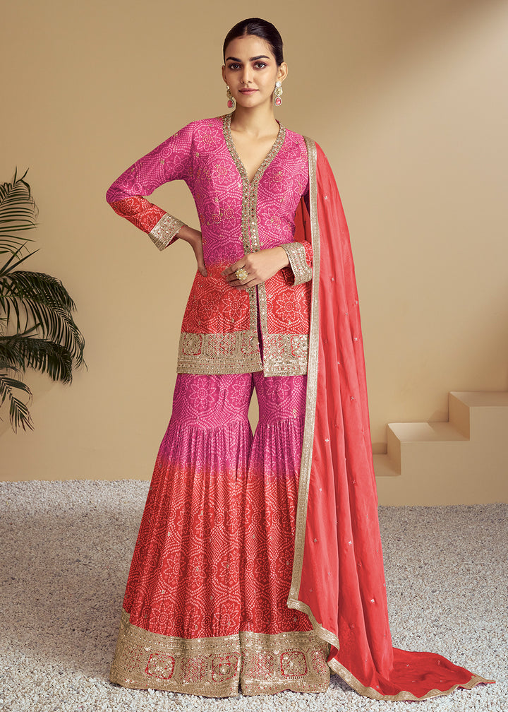 Shop Now Red & Pink Ombre Kurti Style Gharara Style Suit Online at Empress Clothing in USA, UK, Canada, Germany, Australia, Sweden, Denmark, UAE & Worldwide.