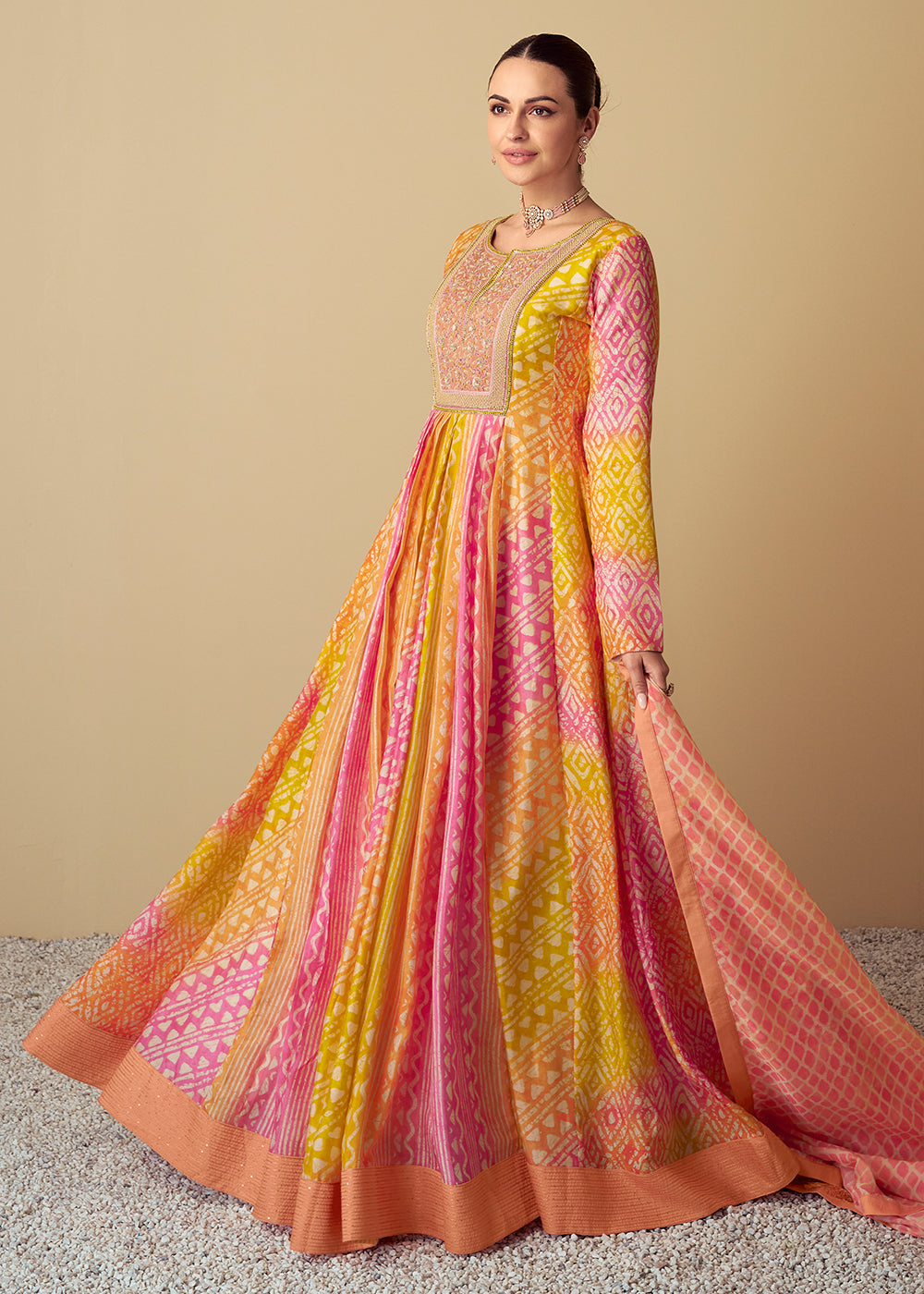 Buy Now Yellow & Peach Maslin Digital Printed Festive Anarkali Gown Online in USA, UK, Germany, Canada & Worldwide at Empress Clothing. 