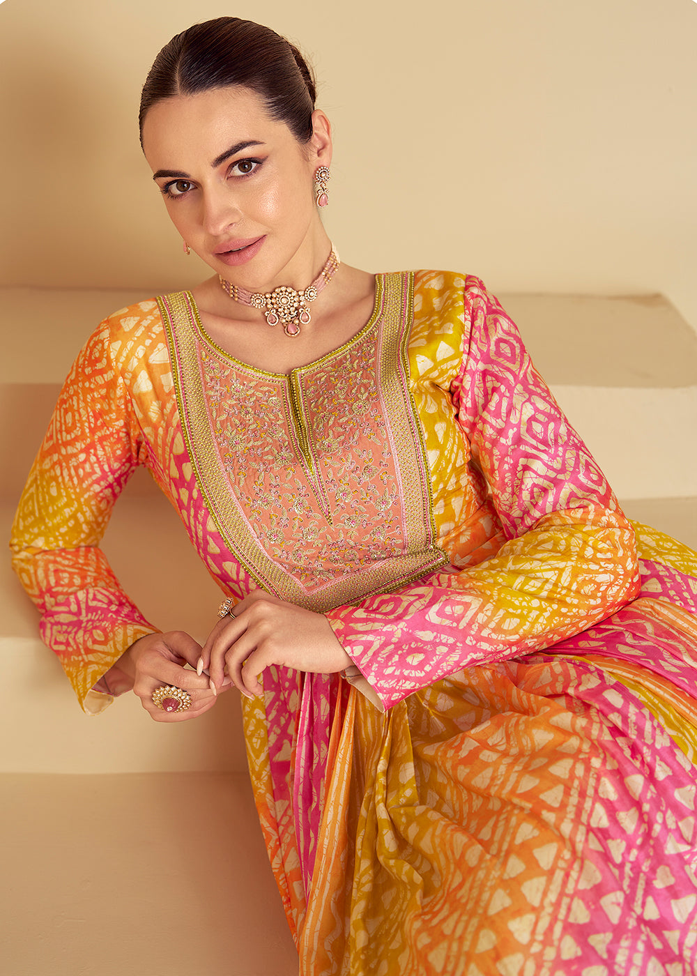 Buy Now Yellow & Peach Maslin Digital Printed Festive Anarkali Gown Online in USA, UK, Germany, Canada & Worldwide at Empress Clothing. 