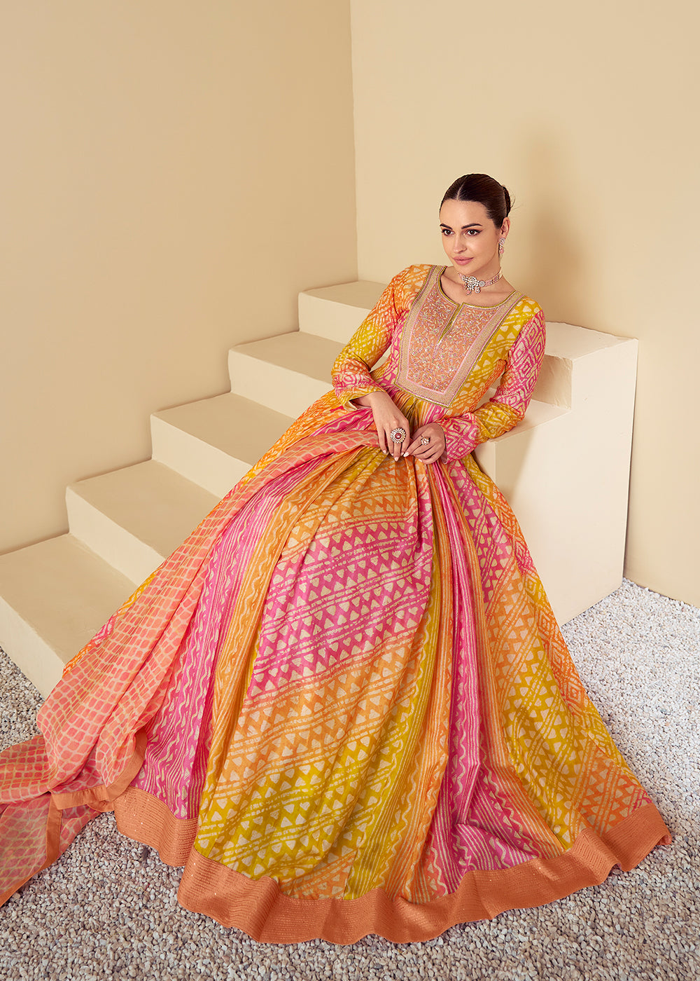 Buy Now Yellow & Peach Maslin Digital Printed Festive Anarkali Gown Online in USA, UK, Germany, Canada & Worldwide at Empress Clothing. 