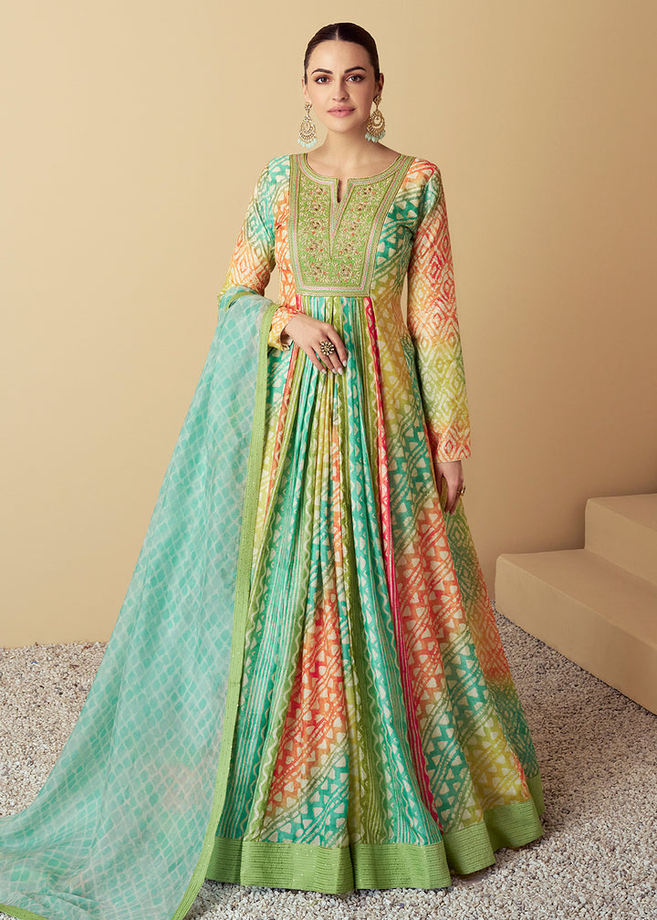 Buy Now Teal & Green Maslin Digital Printed Festive Anarkali Gown Online in USA, UK, Germany, Canada & Worldwide at Empress Clothing.