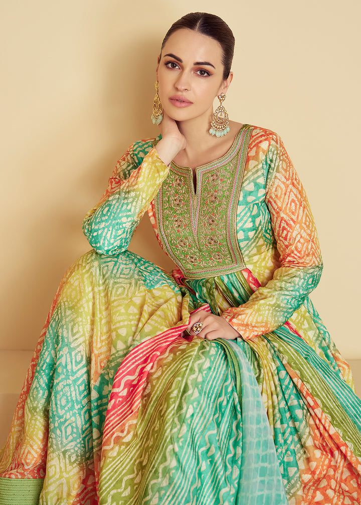 Buy Now Teal & Green Maslin Digital Printed Festive Anarkali Gown Online in USA, UK, Germany, Canada & Worldwide at Empress Clothing.