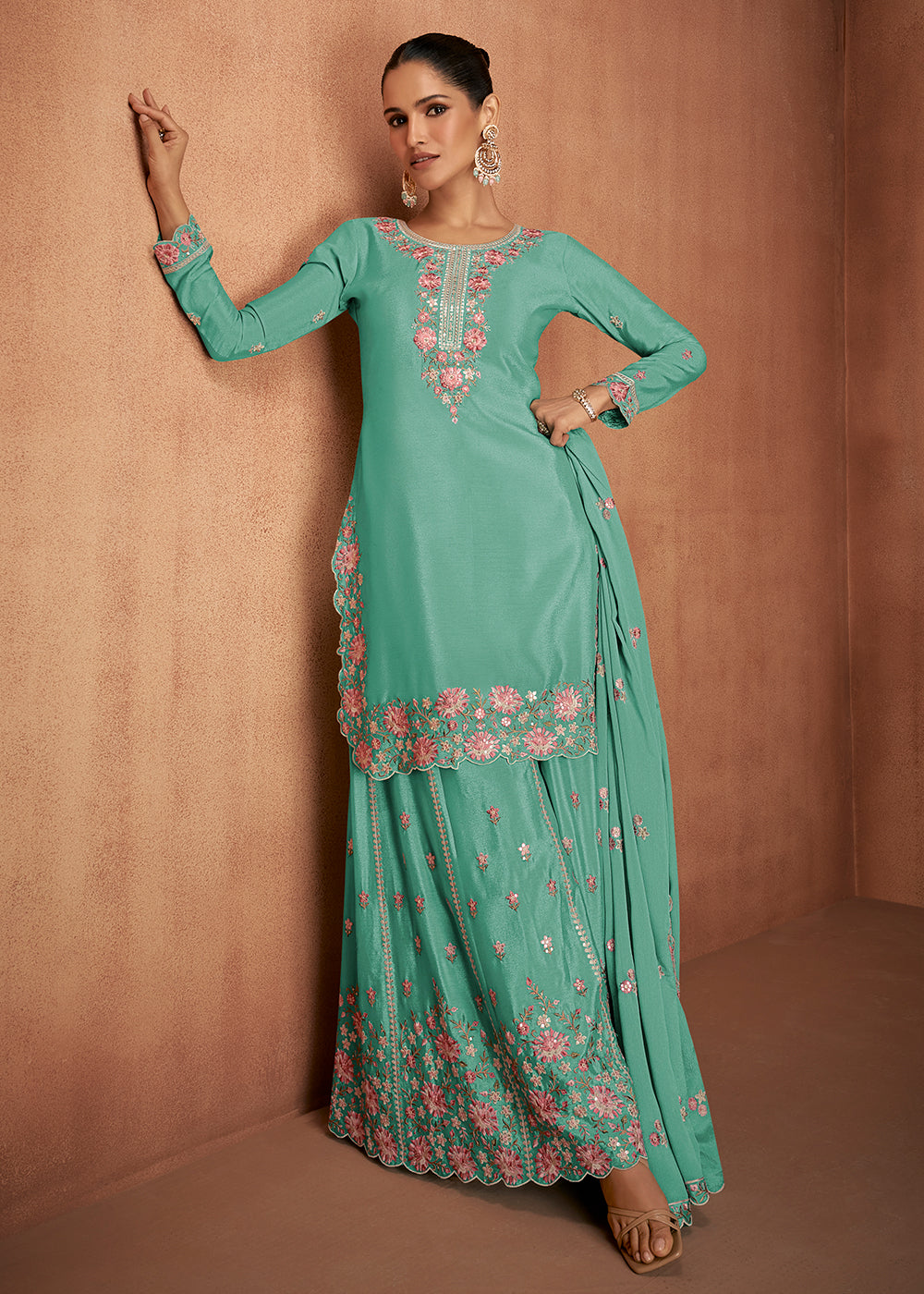 Buy Now Mint Green Chinnon Silk Festive Style Palazzo Suit Online in USA, UK, Canada, Germany, Italy & Worldwide at Empress Clothing. 