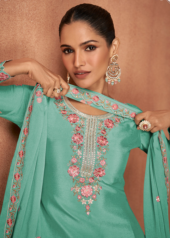 Buy Now Mint Green Chinnon Silk Festive Style Palazzo Suit Online in USA, UK, Canada, Germany, Italy & Worldwide at Empress Clothing. 