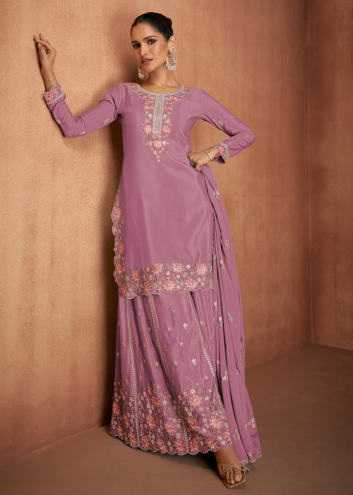 Buy Now Puce Pink Chinnon Silk Festive Style Palazzo Suit Online in USA, UK, Canada, Germany, Italy & Worldwide at Empress Clothing