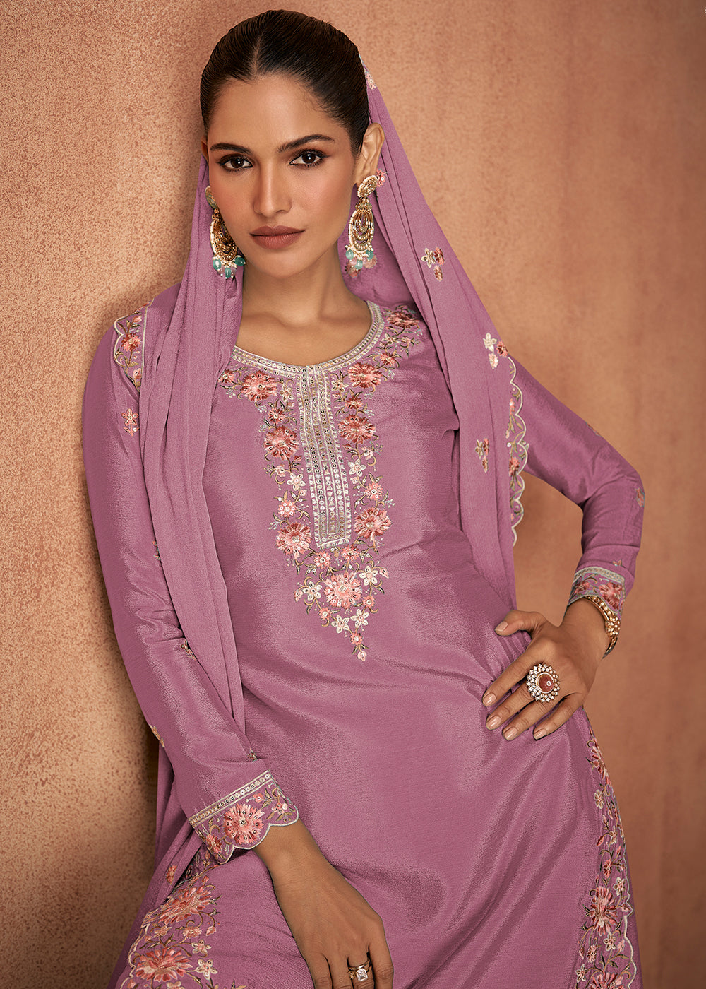 Buy Now Puce Pink Chinnon Silk Festive Style Palazzo Suit Online in USA, UK, Canada, Germany, Italy & Worldwide at Empress Clothing