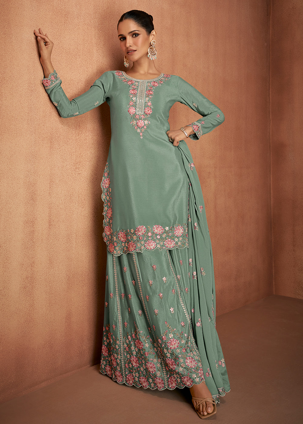 Buy Now Sage Green Chinnon Silk Festive Style Palazzo Suit Online in USA, UK, Canada, Germany, Italy & Worldwide at Empress Clothing. 