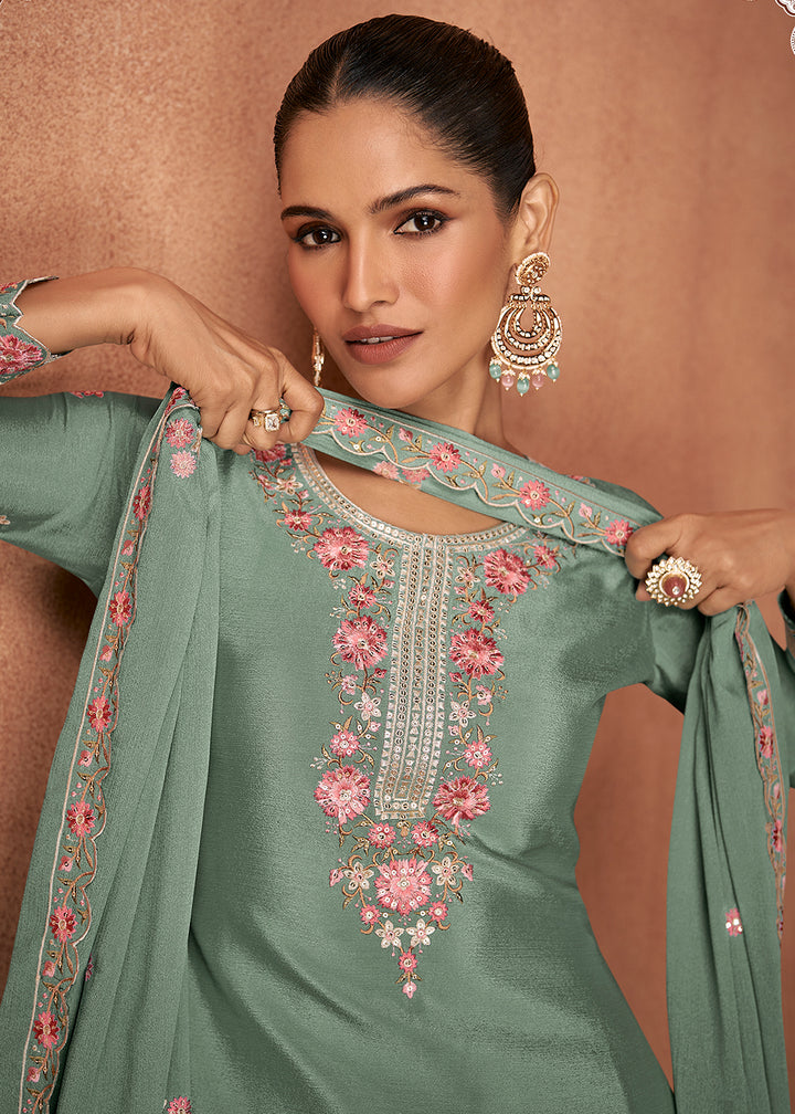 Buy Now Sage Green Chinnon Silk Festive Style Palazzo Suit Online in USA, UK, Canada, Germany, Italy & Worldwide at Empress Clothing. 