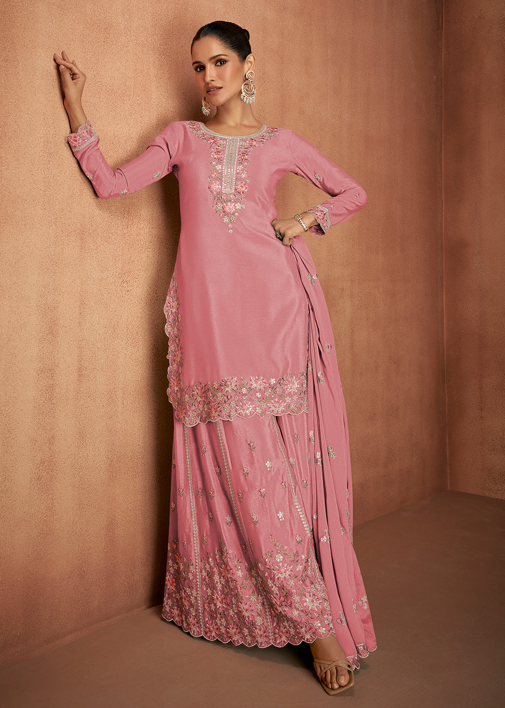 Buy Now Coral Pink Chinnon Silk Festive Style Palazzo Suit Online in USA, UK, Canada, Germany, Italy & Worldwide at Empress Clothing. 