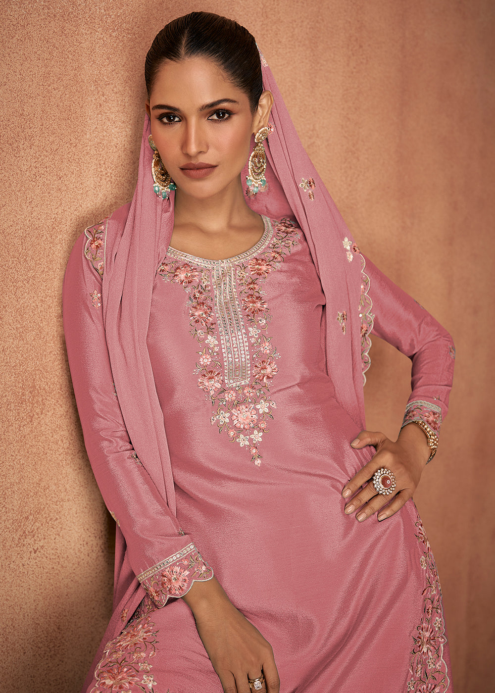 Buy Now Coral Pink Chinnon Silk Festive Style Palazzo Suit Online in USA, UK, Canada, Germany, Italy & Worldwide at Empress Clothing. 