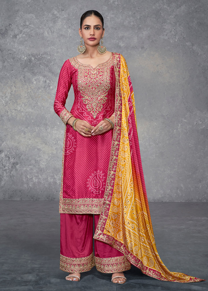 Buy Now Rani Pink Embroidered Chinnon Wedding Style Palazzo Suit Online in USA, UK, Canada, Germany, Australia & Worldwide at Empress Clothing.