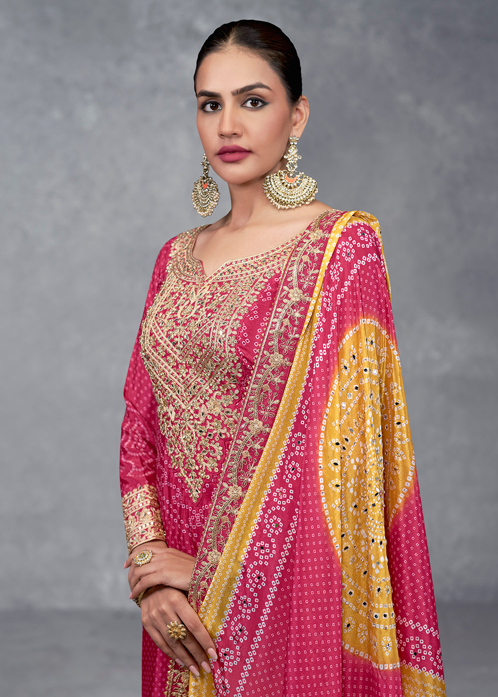 Buy Now Rani Pink Embroidered Chinnon Wedding Style Palazzo Suit Online in USA, UK, Canada, Germany, Australia & Worldwide at Empress Clothing.