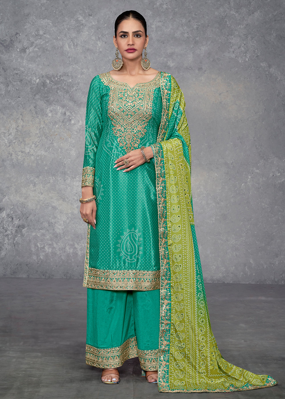 Buy Now Rama Green Embroidered Chinnon Wedding Style Palazzo Suit Online in USA, UK, Canada, Germany, Australia & Worldwide at Empress Clothing.