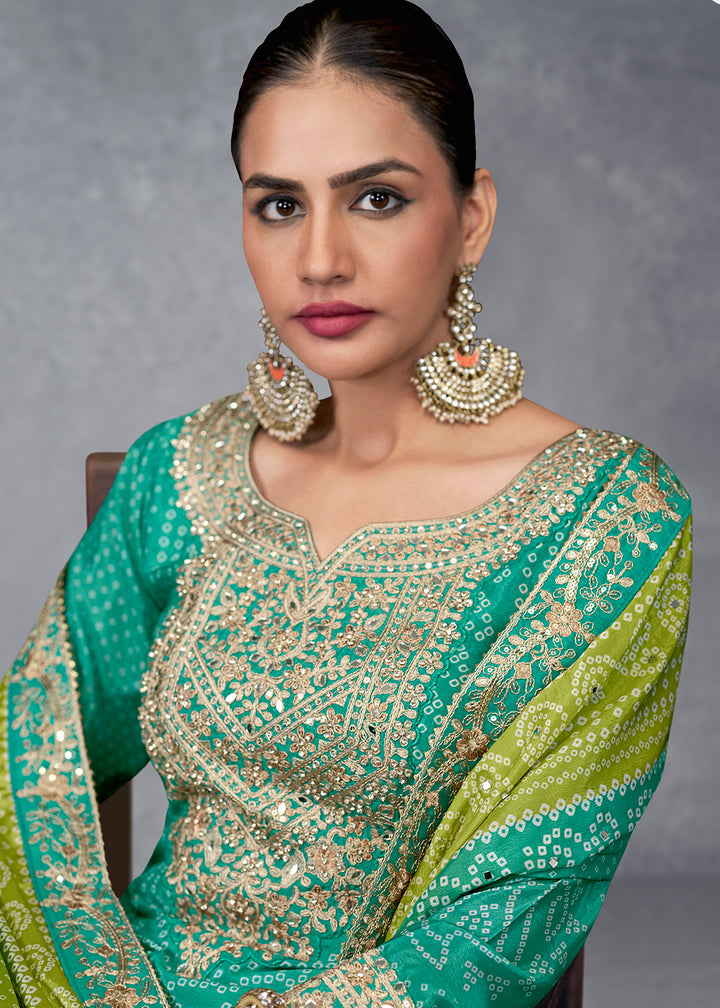 Buy Now Rama Green Embroidered Chinnon Wedding Style Palazzo Suit Online in USA, UK, Canada, Germany, Australia & Worldwide at Empress Clothing.