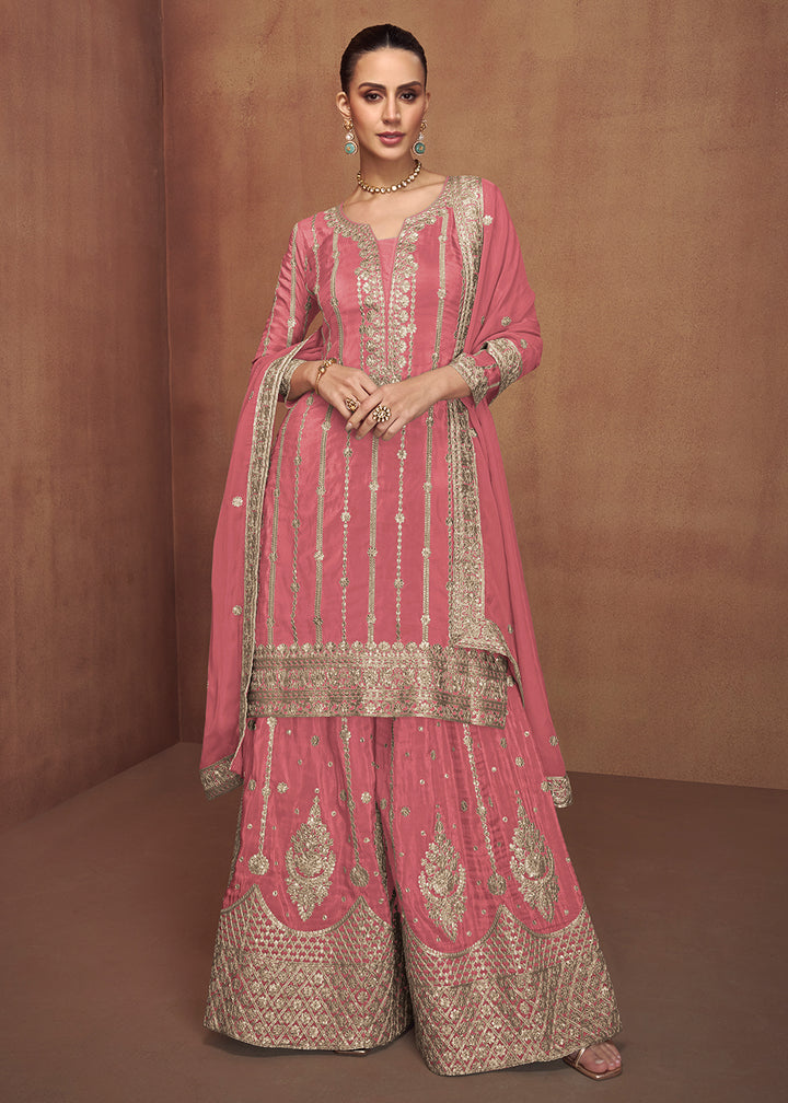 Buy Now Embroidered Real Shimmer Silk Pink Palazzo Style Suit Online in Newark, Yorktown, Toronto, London, Orlando, Munich, Chicago, Utah & Worldwide at Empress.