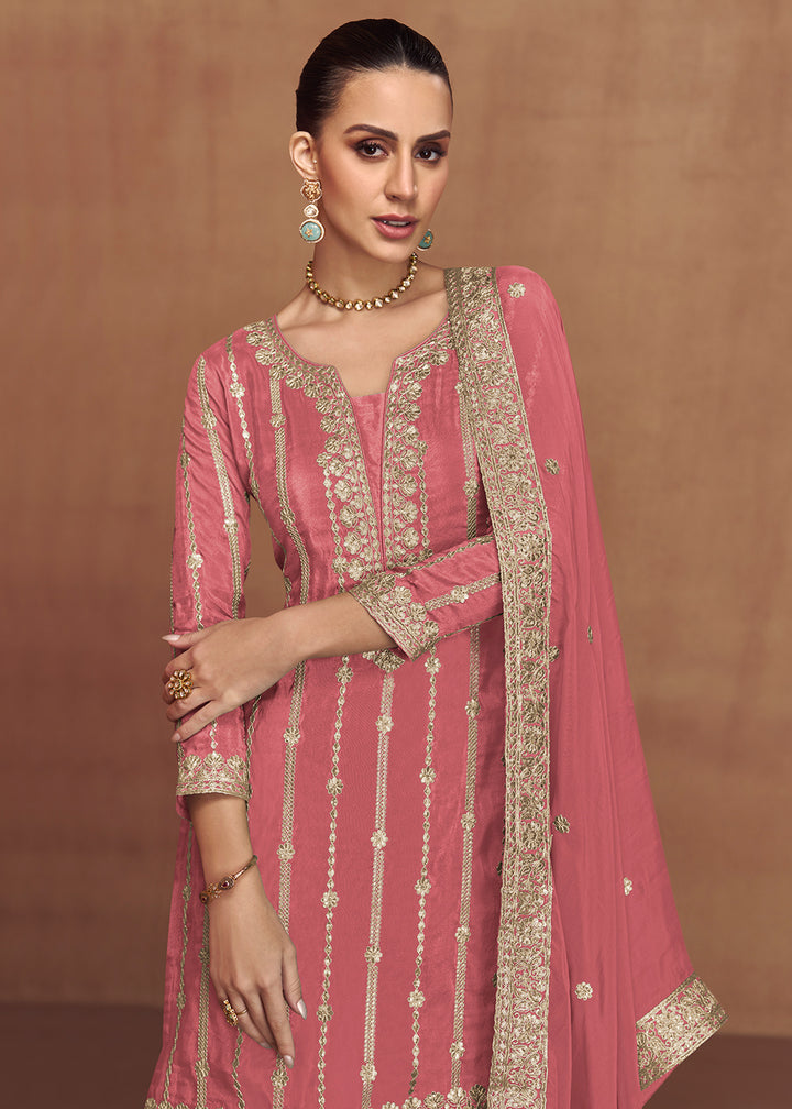 Buy Now Embroidered Real Shimmer Silk Pink Palazzo Style Suit Online in Newark, Yorktown, Toronto, London, Orlando, Munich, Chicago, Utah & Worldwide at Empress.