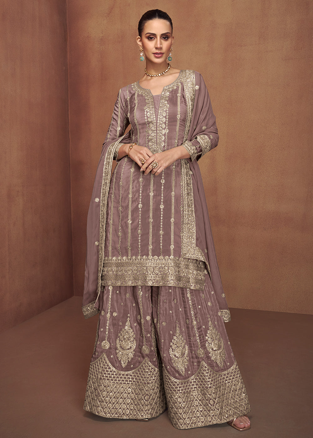 Buy Now Embroidered Real Shimmer Silk Mauve Palazzo Style Suit Online in Newark, Yorktown, Toronto, London, Orlando, Munich, Chicago & Worldwide at Empress.