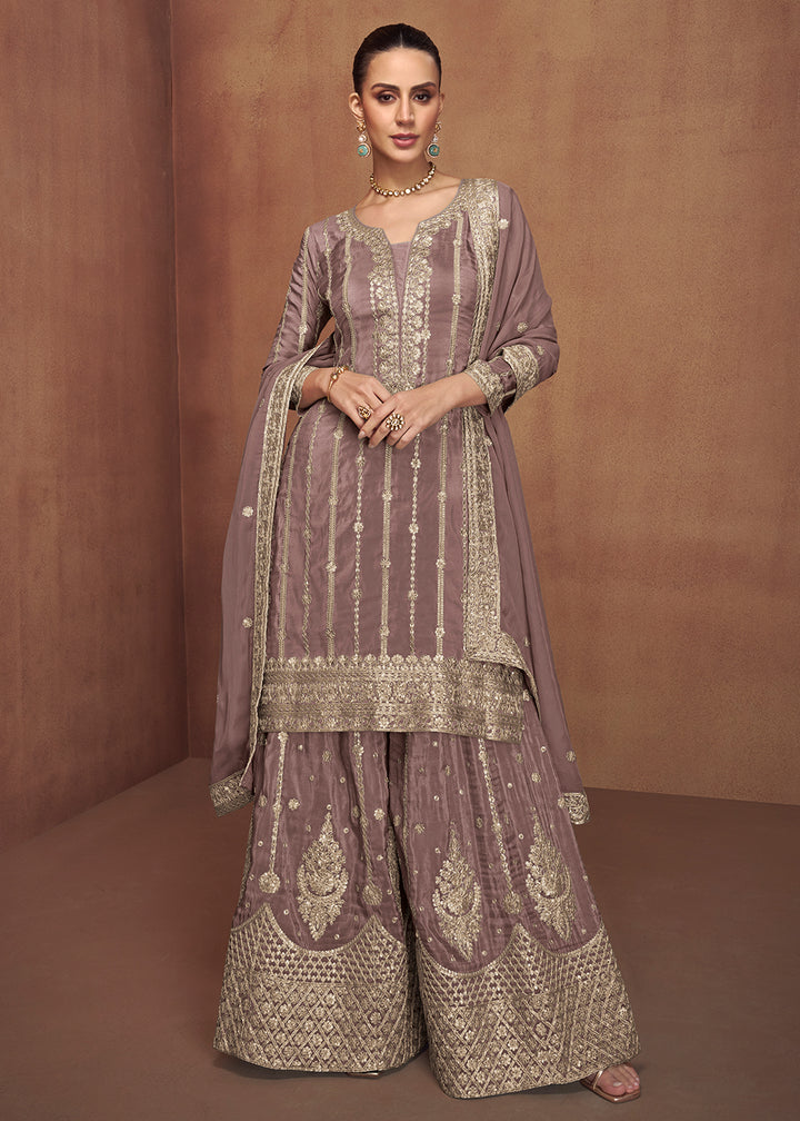 Buy Now Embroidered Real Shimmer Silk Mauve Palazzo Style Suit Online in Newark, Yorktown, Toronto, London, Orlando, Munich, Chicago & Worldwide at Empress.