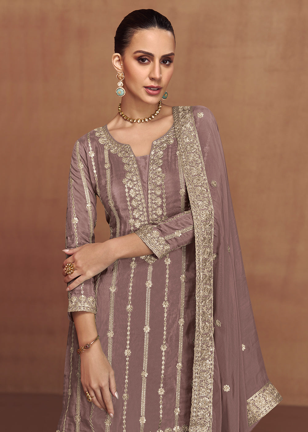 Buy Now Embroidered Real Shimmer Silk Mauve Palazzo Style Suit Online in Newark, Yorktown, Toronto, London, Orlando, Munich, Chicago & Worldwide at Empress.