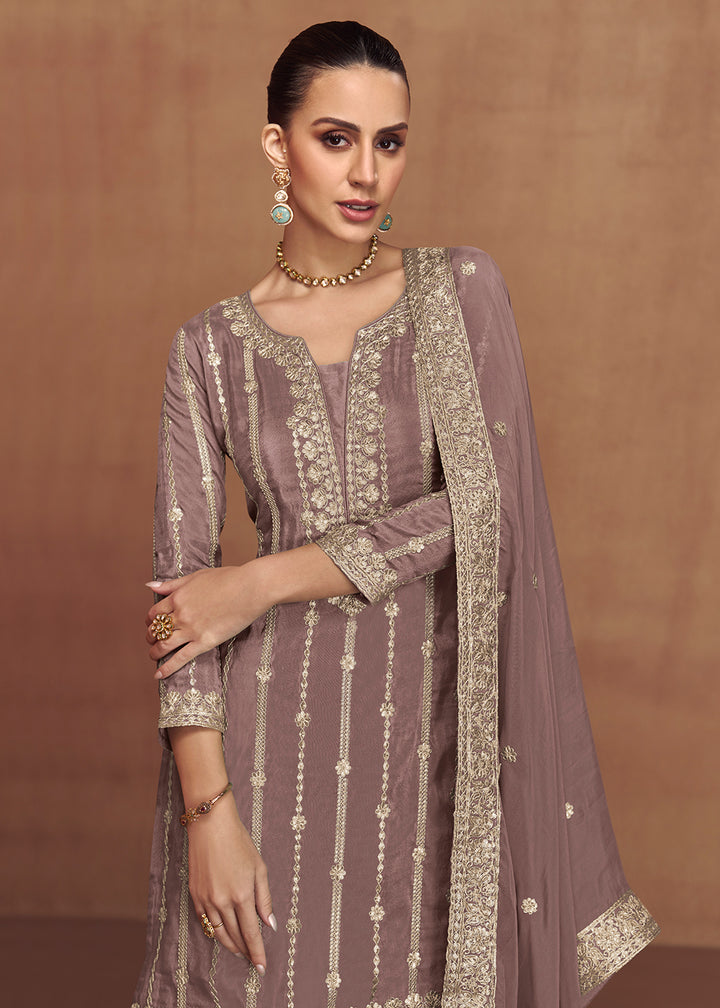 Buy Now Embroidered Real Shimmer Silk Mauve Palazzo Style Suit Online in Newark, Yorktown, Toronto, London, Orlando, Munich, Chicago & Worldwide at Empress.