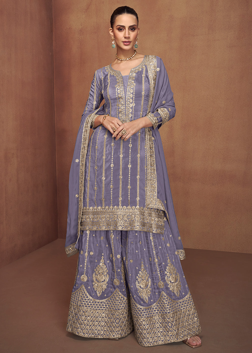 Buy Now Embroidered Real Shimmer Silk Lavender Palazzo Style Suit Online in Newark, Yorktown, Toronto, London, Orlando, Munich, Chicago & Worldwide at Empress.