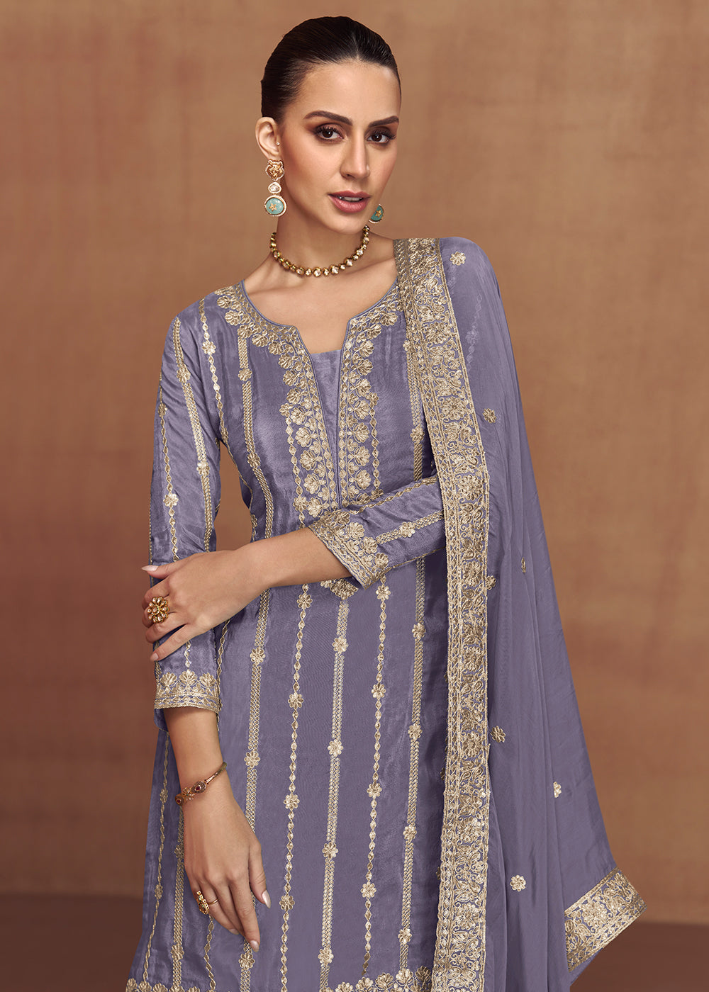 Buy Now Embroidered Real Shimmer Silk Lavender Palazzo Style Suit Online in Newark, Yorktown, Toronto, London, Orlando, Munich, Chicago & Worldwide at Empress.