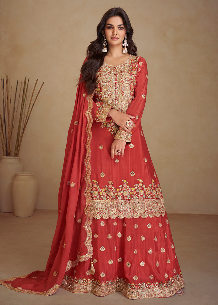 Buy Now Gorgeous Red Chinnon Sangeet Wear Palazzo Suit Online in USA, UK, Canada, Germany, Italy, France & Worldwide at Empress Clothing. 