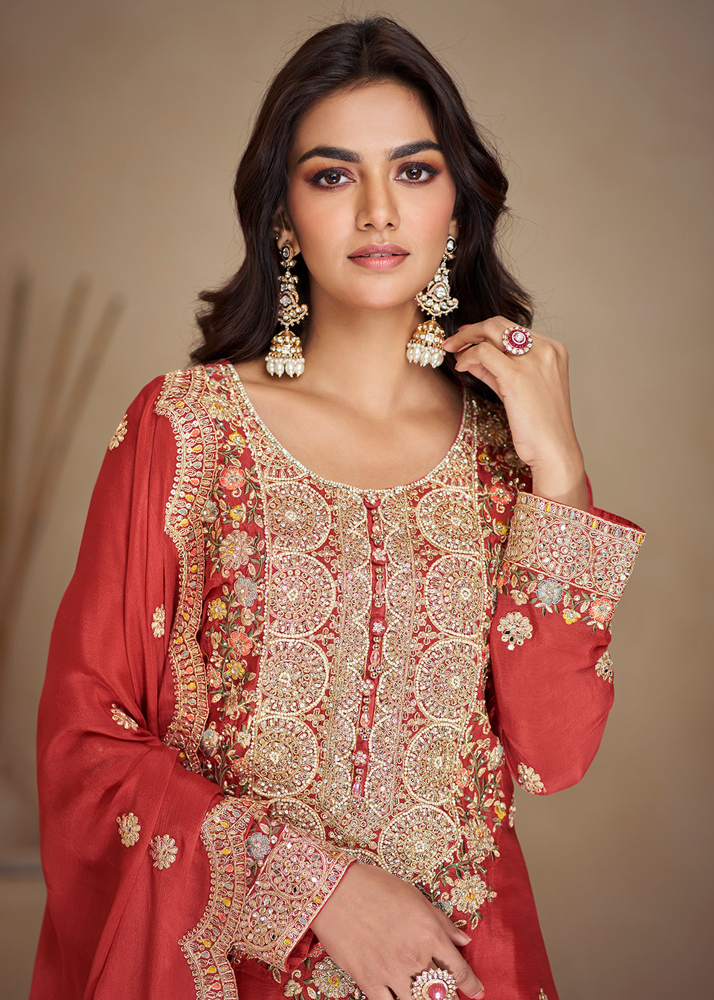 Buy Now Gorgeous Red Chinnon Sangeet Wear Palazzo Suit Online in USA, UK, Canada, Germany, Italy, France & Worldwide at Empress Clothing. 