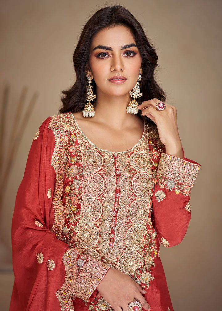 Buy Now Gorgeous Red Chinnon Sangeet Wear Palazzo Suit Online in USA, UK, Canada, Germany, Italy, France & Worldwide at Empress Clothing. 