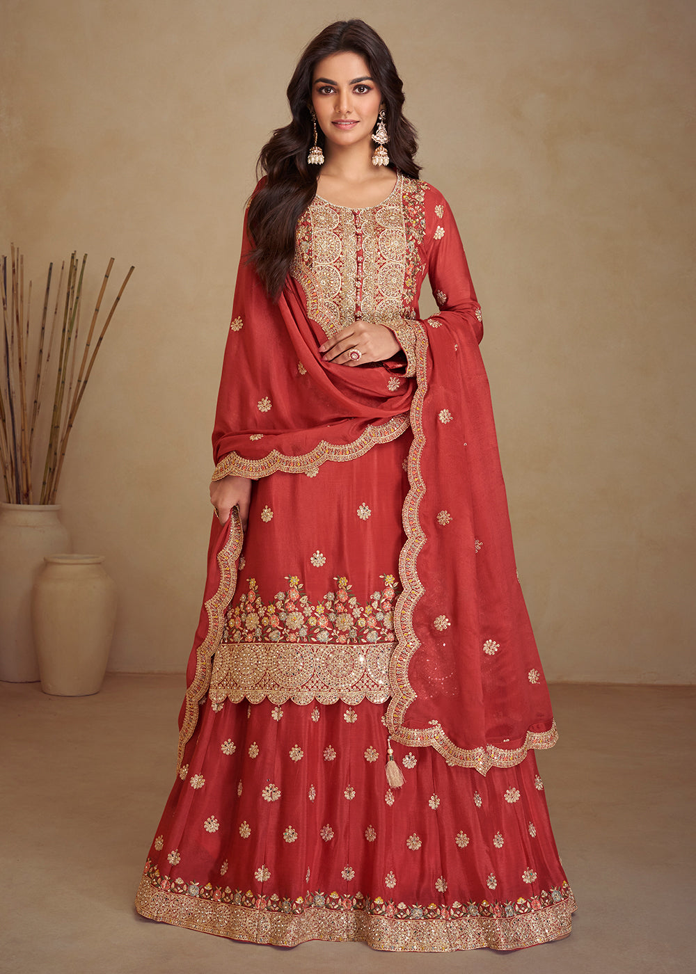 Buy Now Gorgeous Red Chinnon Sangeet Wear Palazzo Suit Online in USA, UK, Canada, Germany, Italy, France & Worldwide at Empress Clothing. 