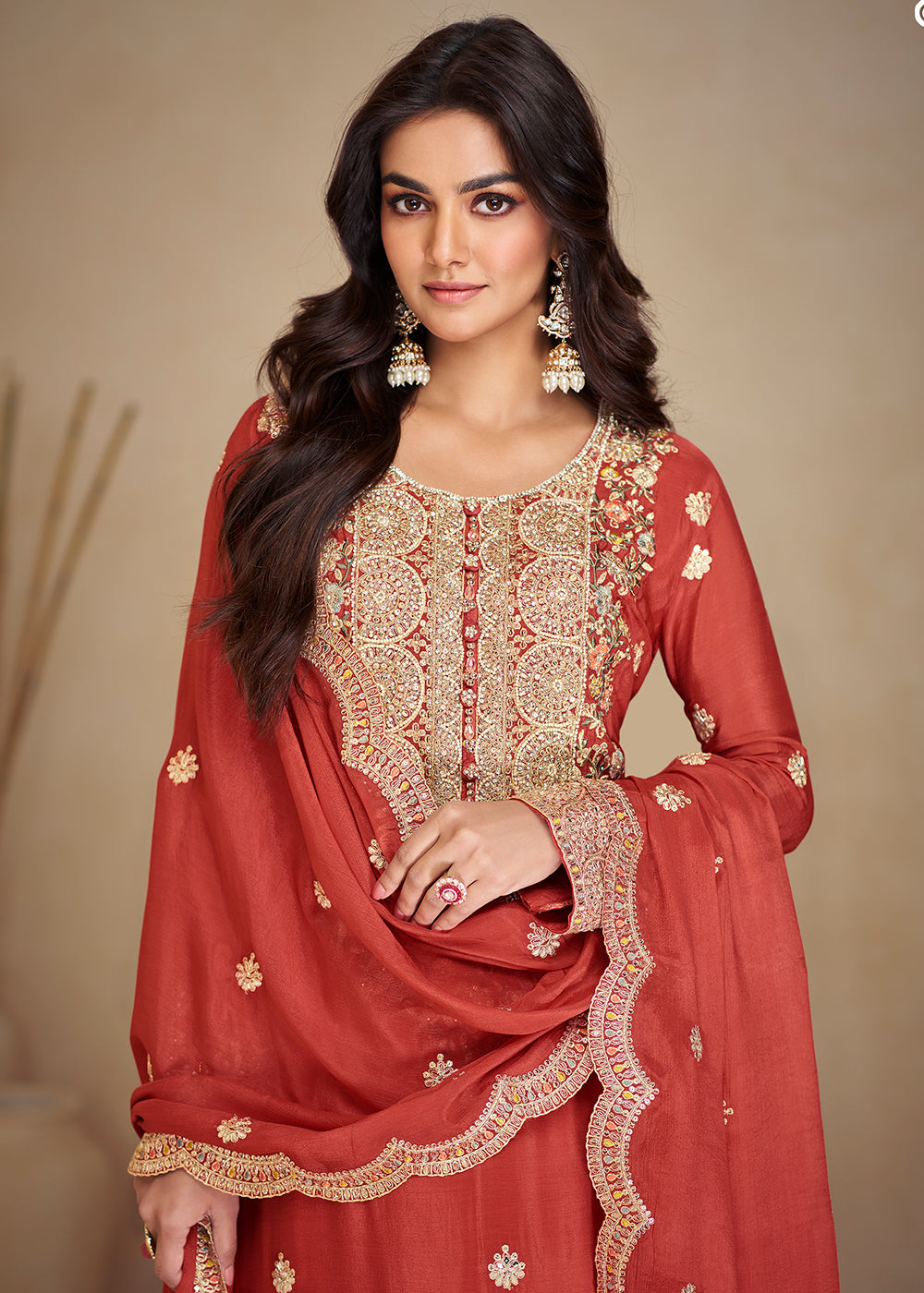 Buy Now Gorgeous Red Chinnon Sangeet Wear Palazzo Suit Online in USA, UK, Canada, Germany, Italy, France & Worldwide at Empress Clothing. 