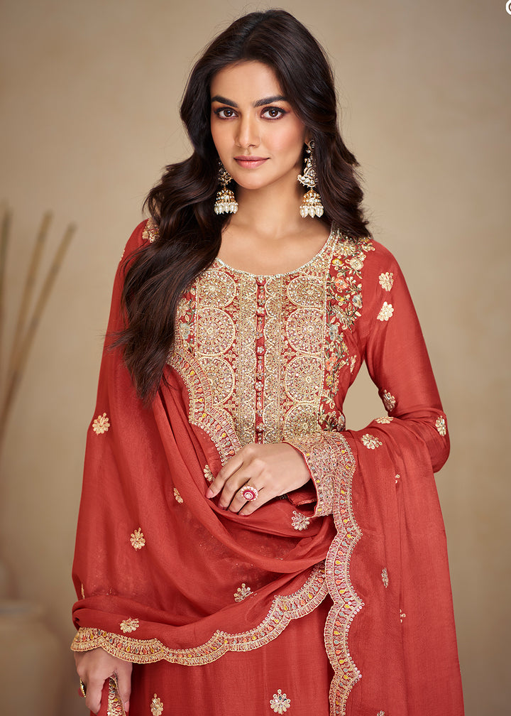 Buy Now Gorgeous Red Chinnon Sangeet Wear Palazzo Suit Online in USA, UK, Canada, Germany, Italy, France & Worldwide at Empress Clothing. 