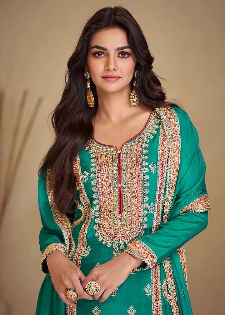 Buy Now Gorgeous Teal Chinnon Mehndi Wear Palazzo Suit Online in USA, UK, Canada, Germany, Italy, France & Worldwide at Empress Clothing. 