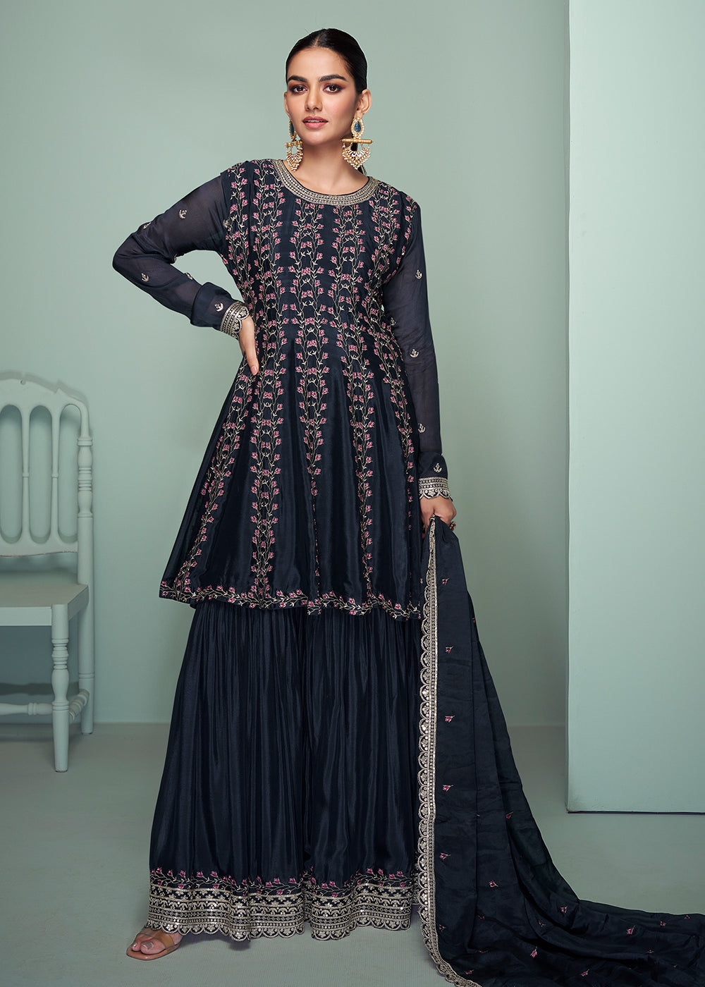 Shop Now Chinnon Material Blue Embroidered Festive Gharara Suit Online at Empress Clothing in USA, UK, Canada, Germany, UAE & Worldwide.