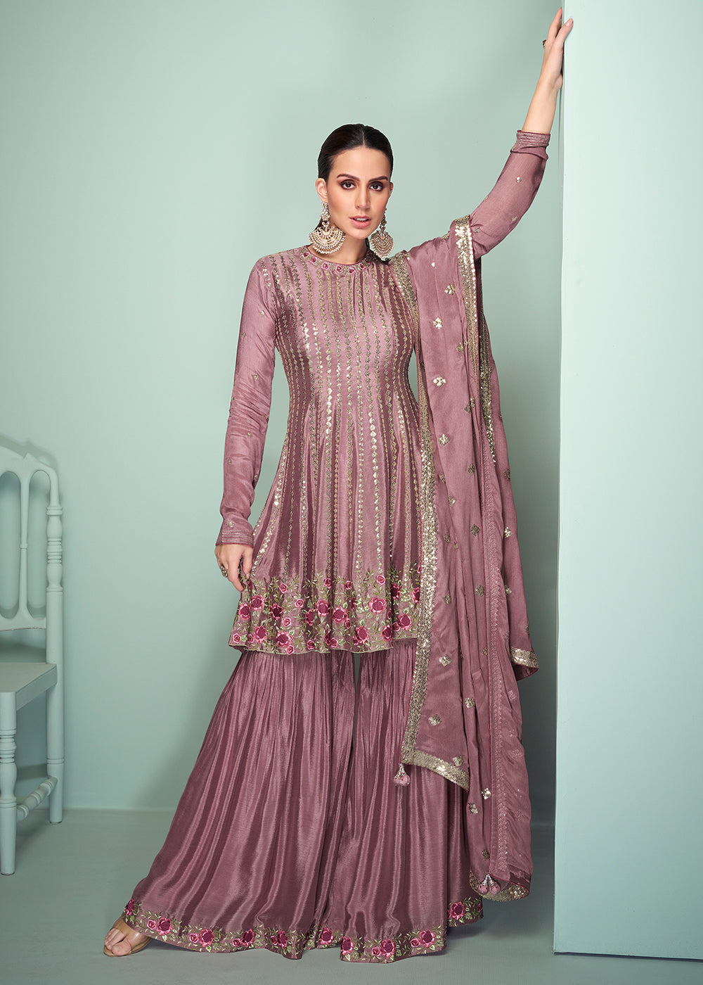 Shop Now Chinnon Material Pink Embroidered Festive Gharara Suit Online at Empress Clothing in USA, UK, Canada, Germany, UAE & Worldwide.