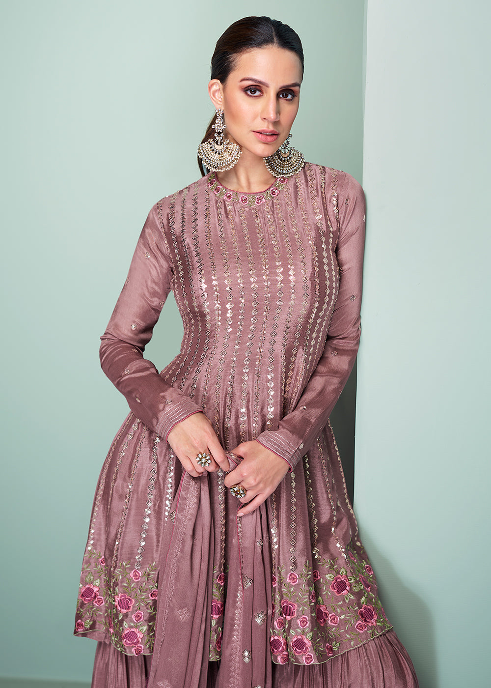 Shop Now Chinnon Material Pink Embroidered Festive Gharara Suit Online at Empress Clothing in USA, UK, Canada, Germany, UAE & Worldwide.