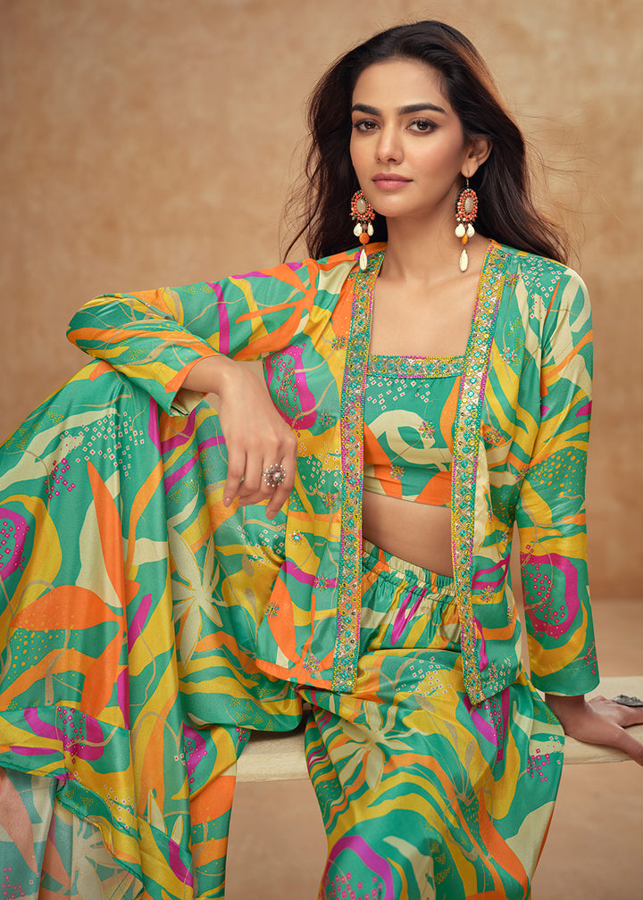 Buy Now Lime Rama Green Western Printed Jacket Style Suit Online in Newark, Yorktown, Toronto, London, Orlando, Munich, Chicago, Denver & Worldwide at Empress.