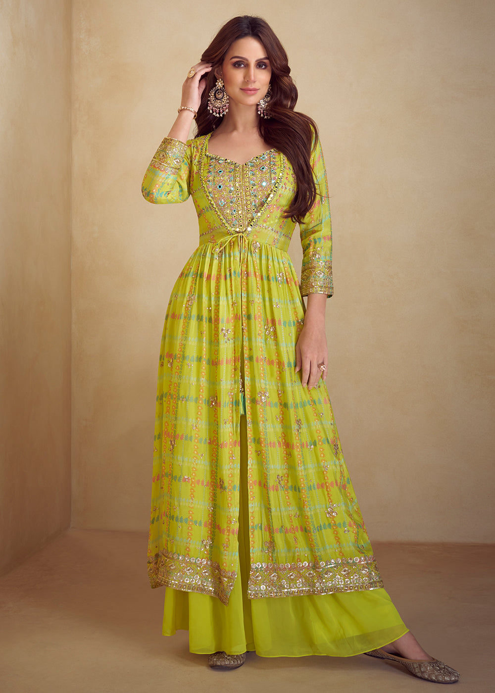 Buy Now Lime Yellow Indo Western Printed Jacket Style Suit Online in Newark, Yorktown, Toronto, London, Orlando, Munich, Chicago, Denver & Worldwide at Empress.