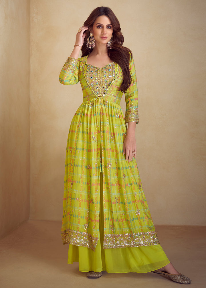 Buy Now Lime Yellow Indo Western Printed Jacket Style Suit Online in Newark, Yorktown, Toronto, London, Orlando, Munich, Chicago, Denver & Worldwide at Empress.
