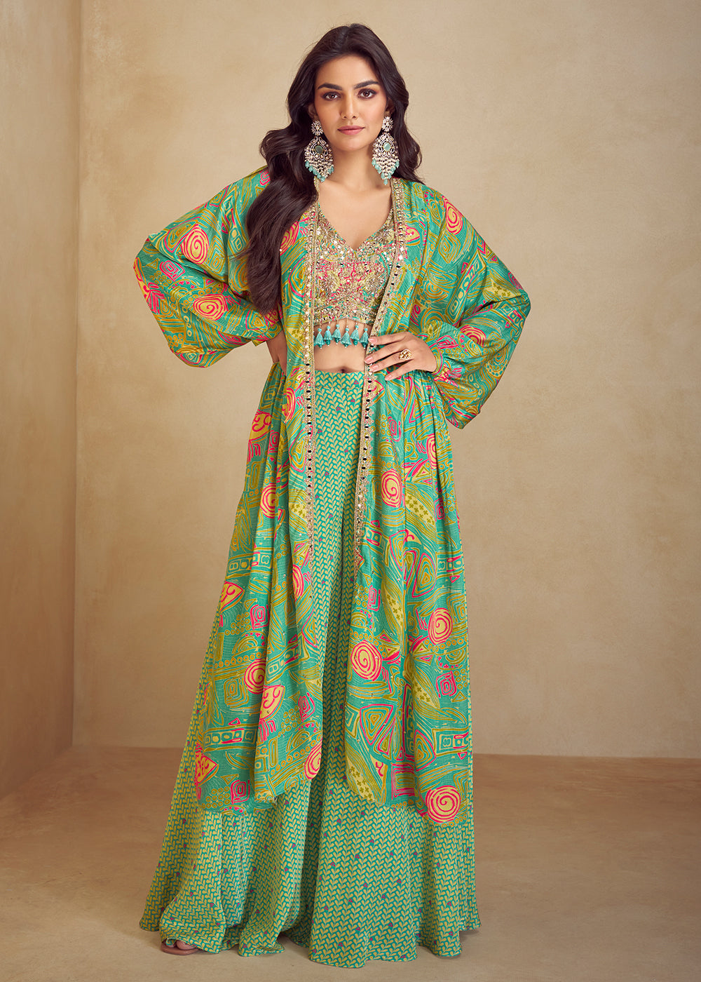 Buy Now Mint Green Indo Western Printed Jacket Style Suit Online in Newark, Yorktown, Toronto, London, Orlando, Munich, Chicago, Denver & Worldwide at Empress.