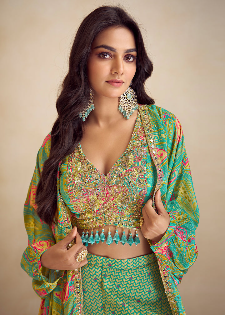 Buy Now Mint Green Indo Western Printed Jacket Style Suit Online in Newark, Yorktown, Toronto, London, Orlando, Munich, Chicago, Denver & Worldwide at Empress.