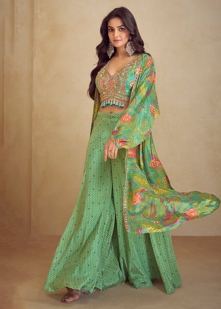 Buy Now Mint Green Indo Western Printed Jacket Style Suit Online in Newark, Yorktown, Toronto, London, Orlando, Munich, Chicago, Denver & Worldwide at Empress.