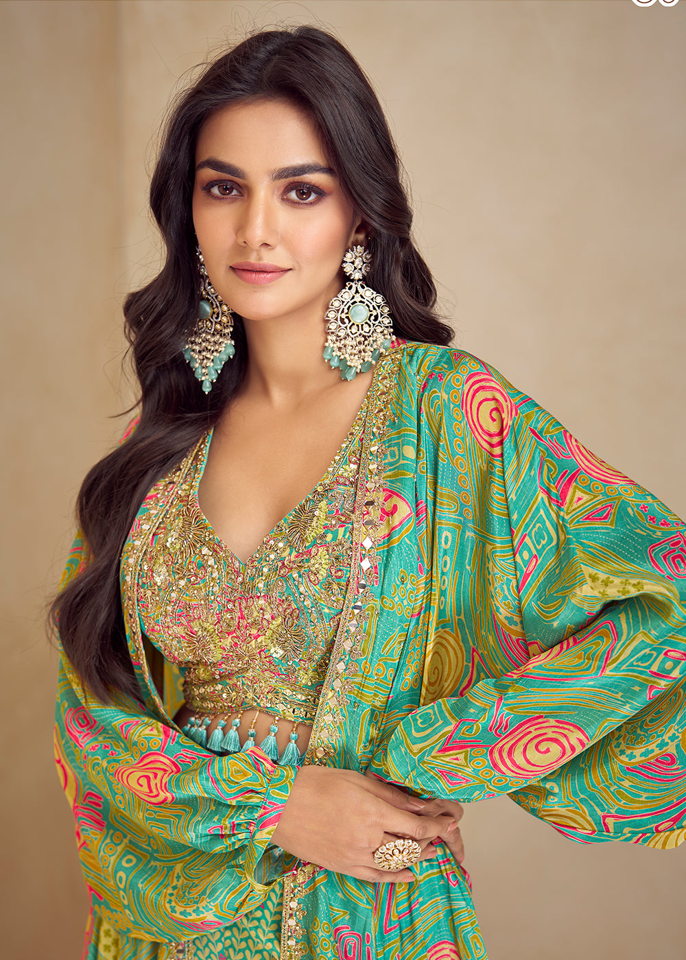 Buy Now Mint Green Indo Western Printed Jacket Style Suit Online in Newark, Yorktown, Toronto, London, Orlando, Munich, Chicago, Denver & Worldwide at Empress.