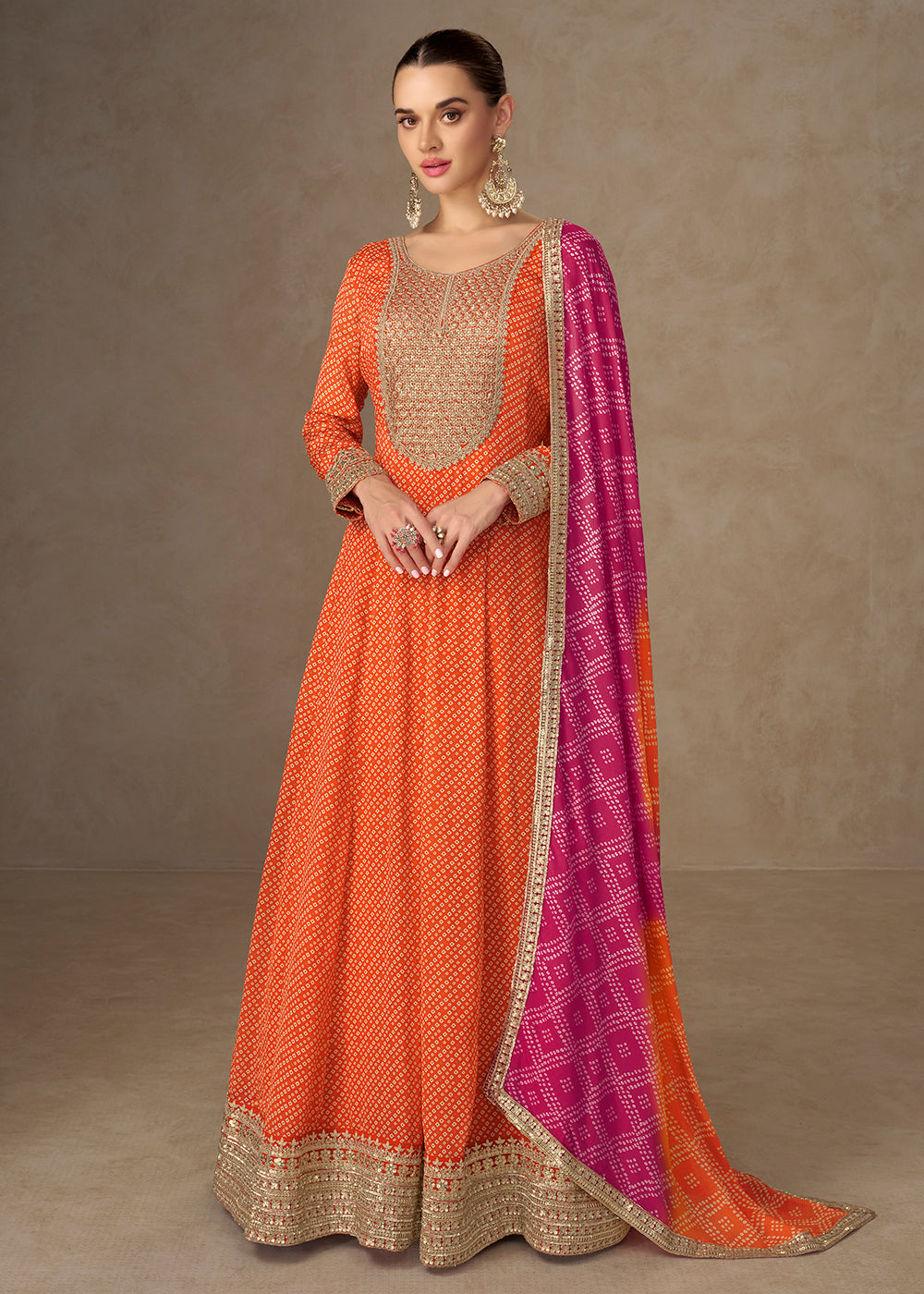 Buy Now Chinon Bandhej Printed Orange Festive Anarkali Gown Online in US, UK, Germany, France, Italy, Canada, Australia, Sweden, Greece & Worldwide at Empress.