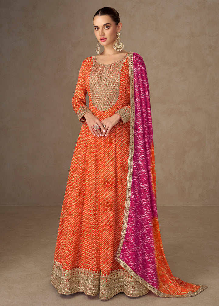 Buy Now Chinon Bandhej Printed Orange Festive Anarkali Gown Online in US, UK, Germany, France, Italy, Canada, Australia, Sweden, Greece & Worldwide at Empress.